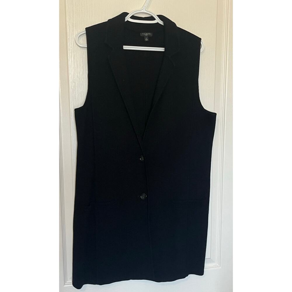 Talbots Woman Long Line Lapel Collar Sweater Vest Black Buttons Pockets Sz X 12